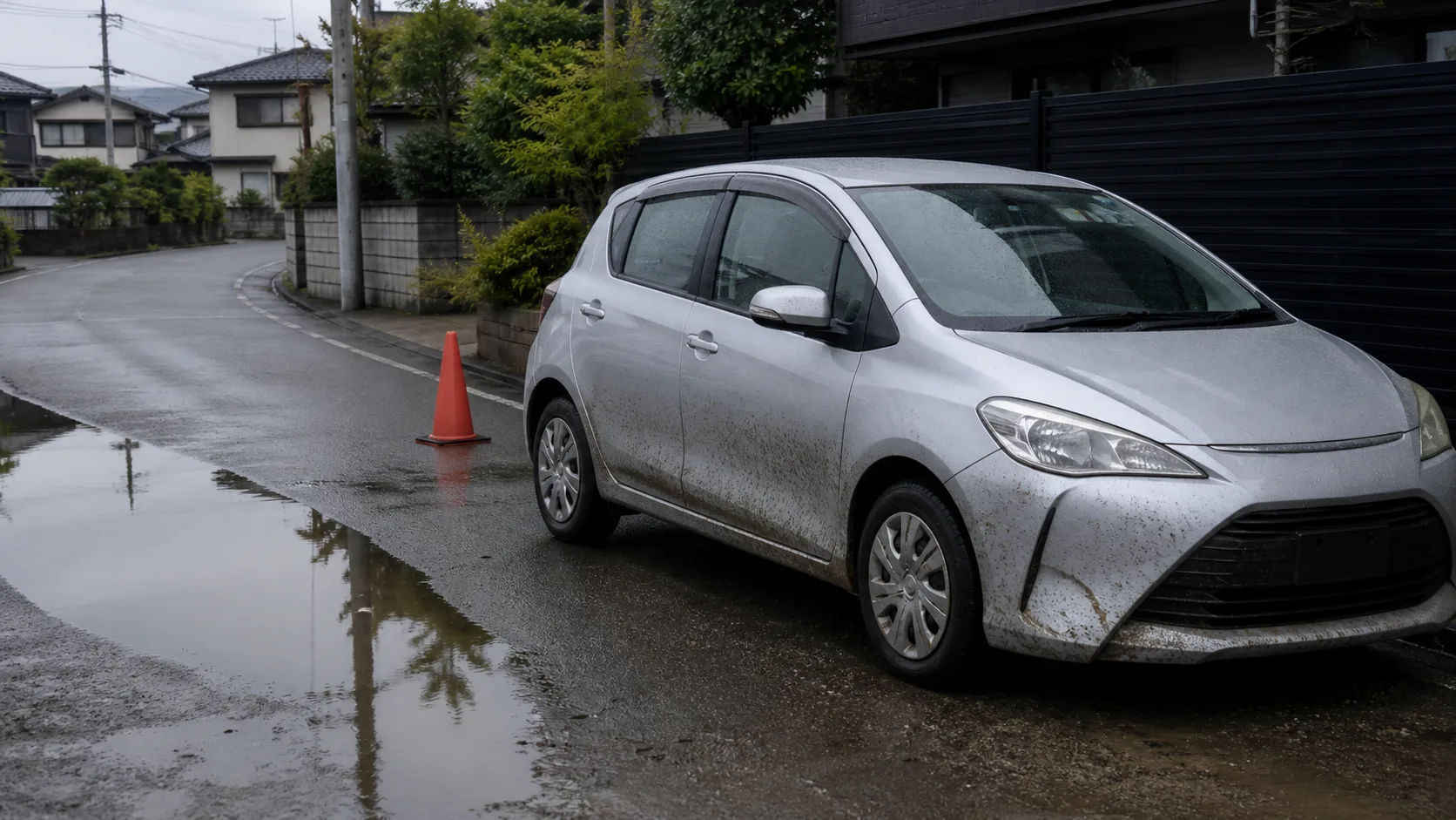 雨上がりの路上に止まる冠水後の車を再現したイメージ