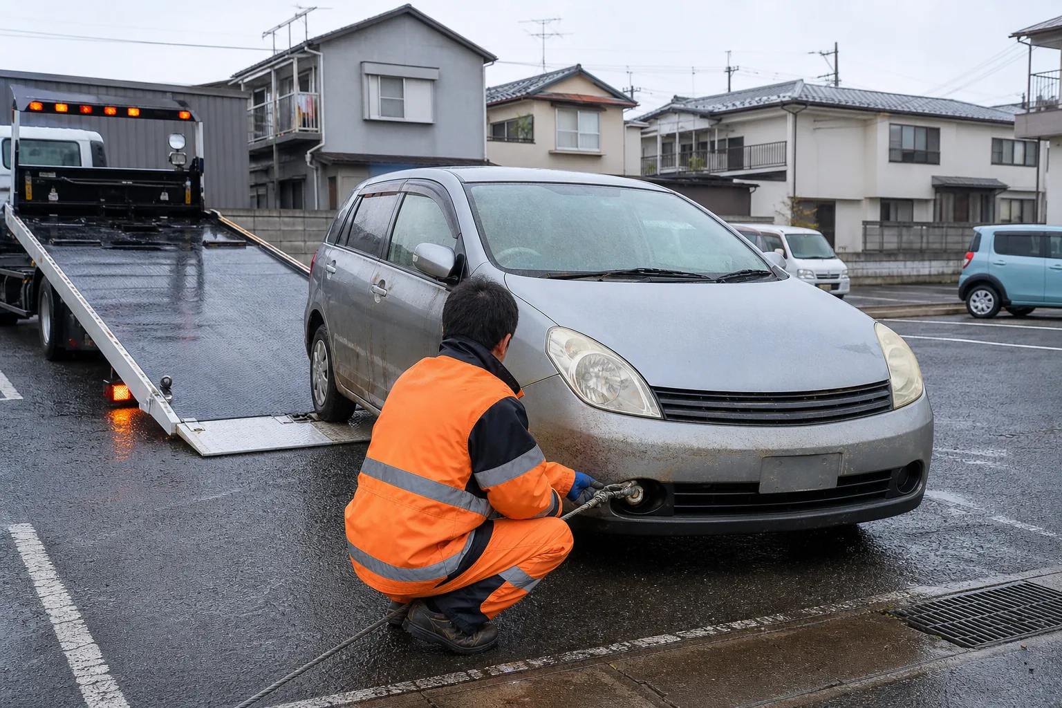 冠水後の車を積載車で搬送する様子を再現したイメージ