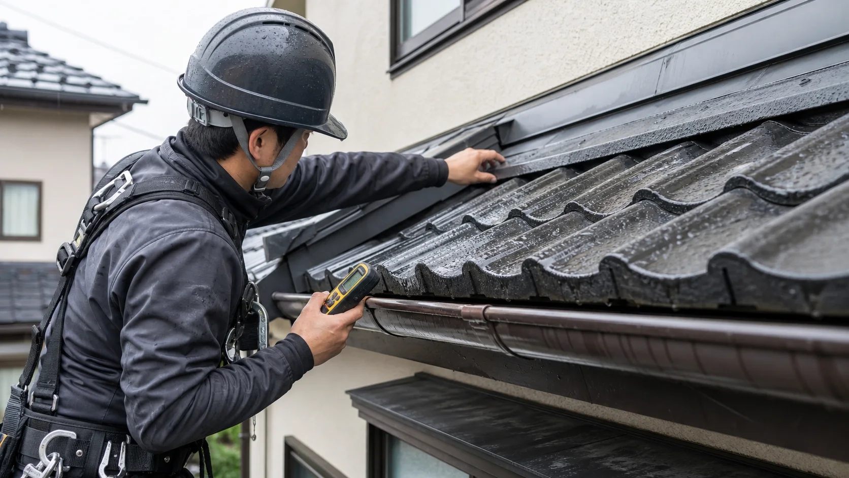 雨上がりに住宅屋根の瓦と雨仕舞部分を点検する作業者の再現イメージ
